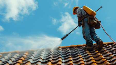 Roof cleaning with high pressure water.の素材