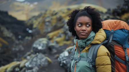 African American Woman hiking in black Volcano surfaceの素材