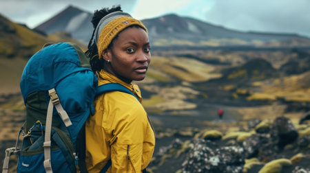 African American Woman hiking in black Volcano surfaceの素材