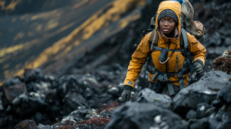 African American Woman hiking in black Volcano surfaceの素材