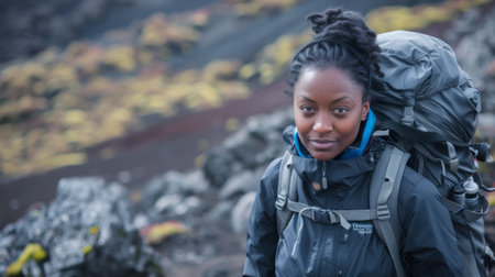 African American Woman hiking in black Volcano surfaceの素材