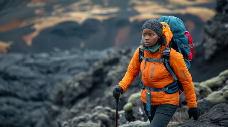African American Woman hiking in black Volcano surfaceの素材