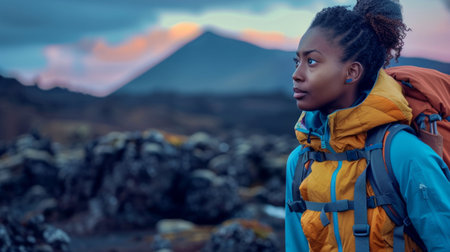 African American Woman hiking in black Volcano surfaceの素材