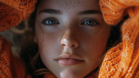 Laughing pretty red haired female in yellow sweater playing her hairの素材