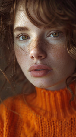 Laughing pretty red haired female in yellow sweater playing her hairの素材