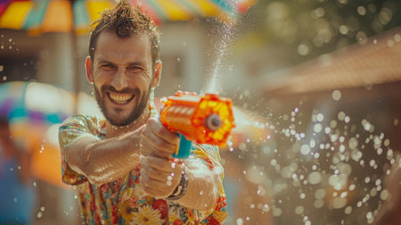 People with water gun wearing summer shirt in Songkran water festival.の素材