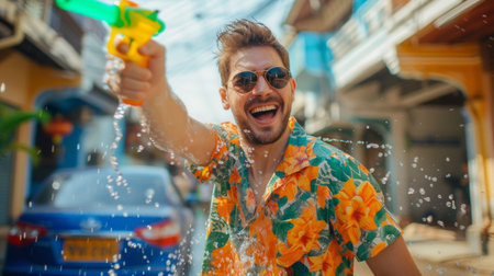 People with water gun wearing summer shirt in Songkran water festival.の素材
