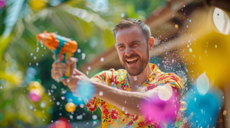 People with water gun wearing summer shirt in Songkran water festival.の素材