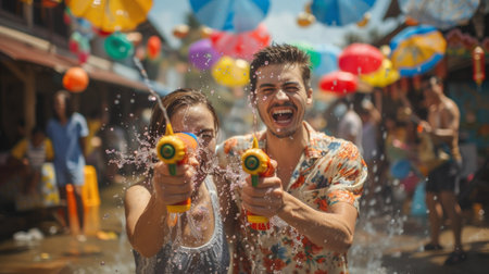 People with water gun wearing summer shirt in Songkran water festival.の素材