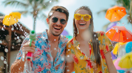 People with water gun wearing summer shirt in Songkran water festival.の素材