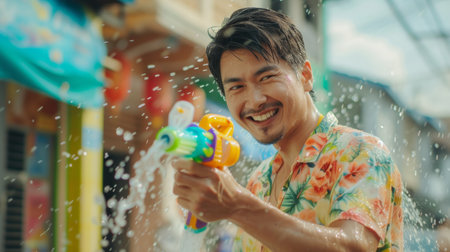 People with water gun wearing summer shirt in Songkran water festival.の素材