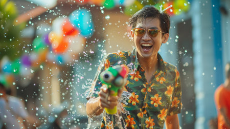 People with water gun wearing summer shirt in Songkran water festival.の素材