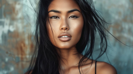 Skin care. Woman with beauty face touching healthy facial skin portrait. Beautiful smiling asian girl model with natural makeup touching glowing hydrated skin on studio background closeupの素材