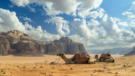 camel resting on sand dunesの素材