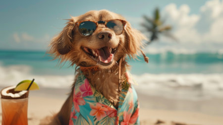 adorable dog sit sand at the beach sea on summer vacation holidays, wearing sunglasses and flower hawaiian drinking cocktailの素材