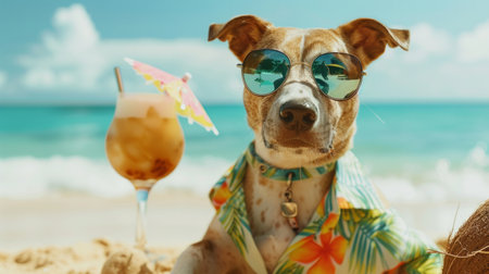 adorable dog sit sand at the beach sea on summer vacation holidays, wearing sunglasses and flower hawaiian drinking cocktailの素材