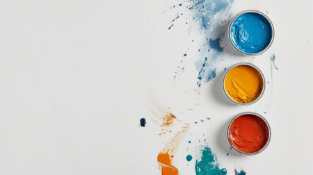 Cans with different decorators paints on white background, top viewの素材