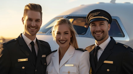 Portrait of happy confident airhostess and pilot standing on private jet ladderの素材