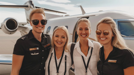 Portrait of happy confident airhostess and pilot standing on private jet ladderの素材