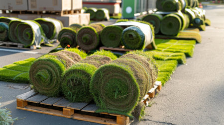 artificial rolled green grass for sale or stowage.の素材