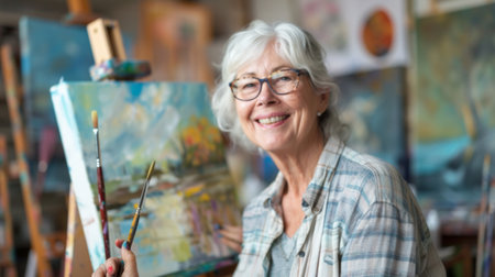 Portrait Of Senior Female Artist Working On Painting In Studioの素材