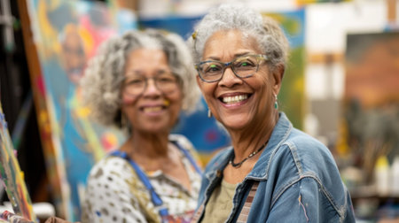 Portrait Of Senior Female Artist Working On Painting In Studioの素材