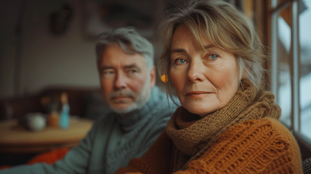 Middle aged man and woman at family house wearing warm wear, cozy atmosphereの素材