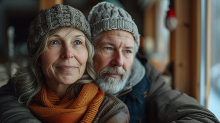 Middle aged man and woman at family house wearing warm wear, cozy atmosphereの素材