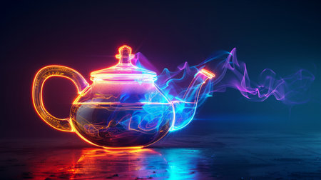 Transparent kettle boils against a neon purple backlightの素材