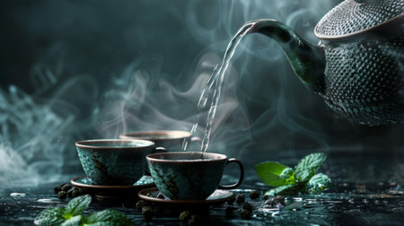 Hot tea is pouring from a teapot into cup with magical morning background.の素材