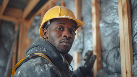 Construction worker installation ceiling into wall of new house.の素材