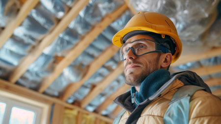 Construction worker installation ceiling into wall of new house.の素材