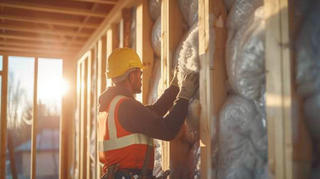 Construction worker installation ceiling into wall of new house.の素材