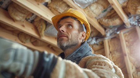 Construction worker installation ceiling into wall of new house.の素材