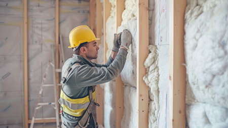 Construction worker installation ceiling into wall of new house.の素材