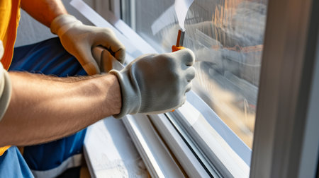 Construction worker putting sealing foam tape on window in houseの素材