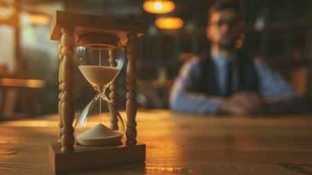 Close up crop of hourglass on wooden home office table count measure time. Time management, efficiency conceptの素材