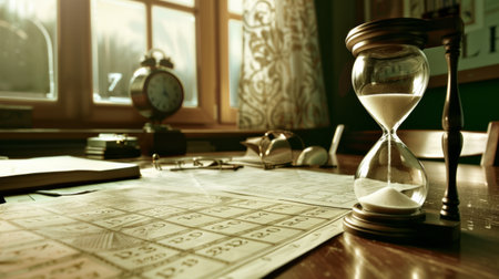 Close up crop of hourglass on wooden home office table count measure time. Time management, efficiency conceptの素材