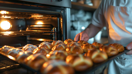 Baker holding the sweet bread fresh from the oven.の素材