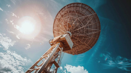 Big parabolic antenna against dramatic sky.の素材