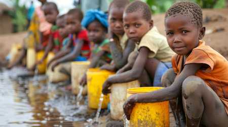 African people waiting to get in the water. Queue for fresh water in an African village, drought concept.の素材