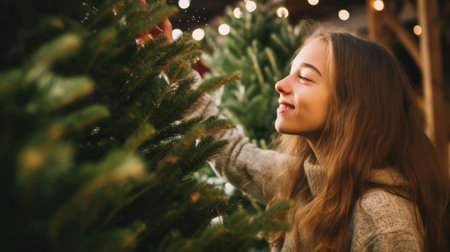 Happy beautiful young woman in holiday red dress decorating Christmas Tree with sparking balls and holds glass of champagne preparing for holiday. New Year concept. Merry Christmasの素材