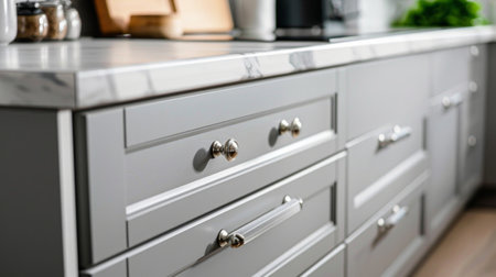 Stylish light gray handles on cabinets close-up, kitchen interior with modern furniture and stainless steel appliances. kitchen design in scandinavian styleの素材