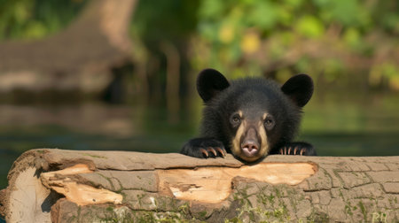 Single wild black bear behind the log.の素材