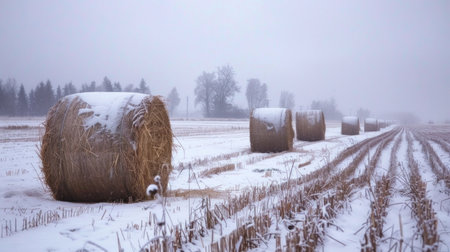 Bales of hay laying in snow on farm winter field.の素材