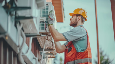 HVAC technician working on a capacitor part for condensing unitの素材