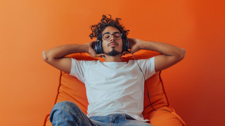 Handsome man listening to music while sitting in comfortable armchair against color wallの素材