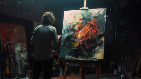 Talented Innovative Female Artist Draws with Her Hands on the Large Canvas, Using Fingers She Creates Colorful, Emotional, Sensual Oil Painting. Contemporary Painter Creating Abstract Modern Artの素材