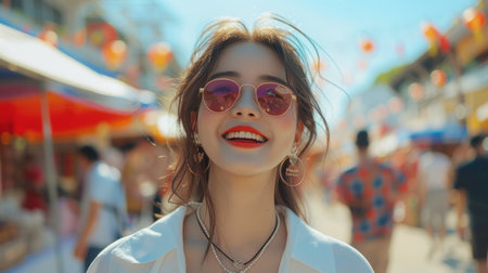 Portrait of fashionable blond european blond woman in pink sunglasses with cute hairstyle and enjoying sunny day in the city street.の素材