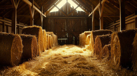 Inside Rustic Wooden Old Barn Hay Bales Straw Sunlight Rays Light Beams Farm.の素材